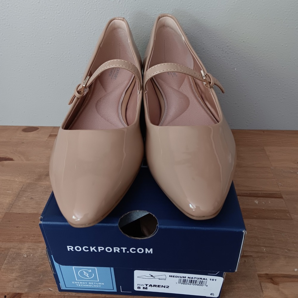Rockport Taren2 Mary Jane Women 8 Natural Beige Patent Pointed Toe Flat NWB - Picture 2 of 8